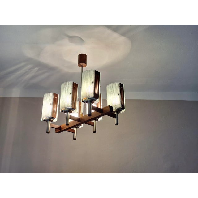 Brutalist Teak and Art Glass Chandelier, 1960s For Sale - Image 8 of 9