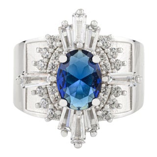 Silver Finish Blue Cubic Zirconia Vintage-Inspired Cocktail Ring - Size 7 For Sale