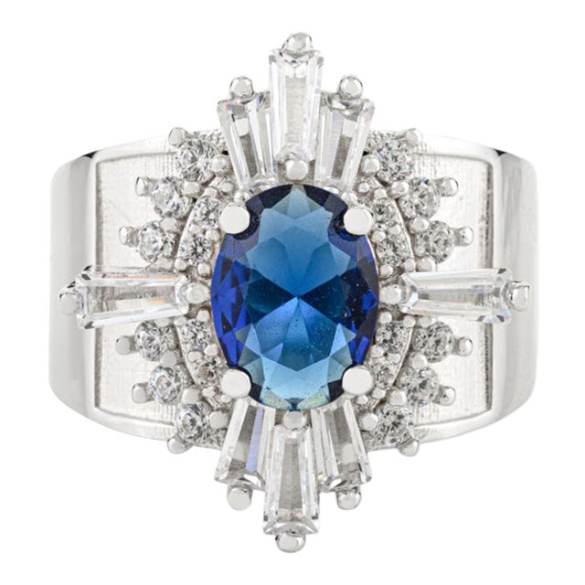 Silver Finish Blue Cubic Zirconia Vintage-Inspired Cocktail Ring - Size 7 For Sale