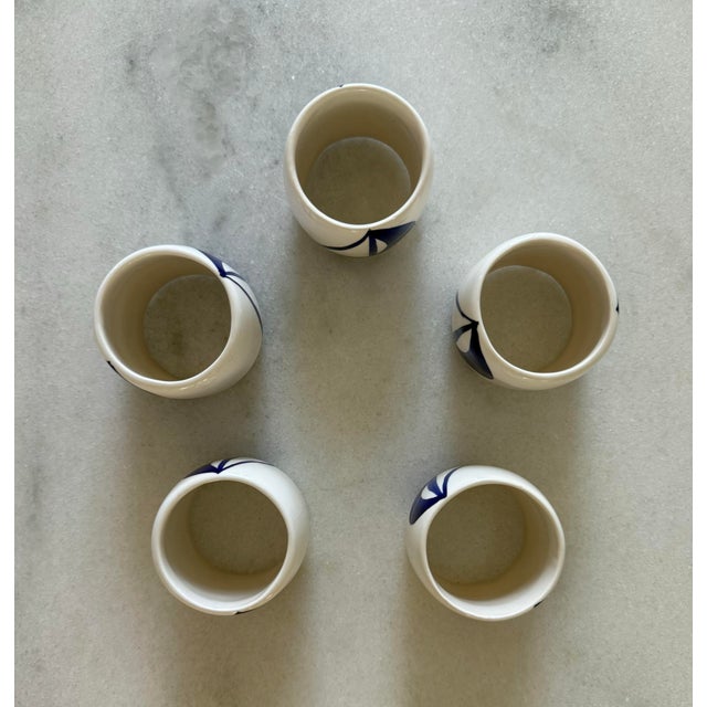 Set of 5 Ceramic Blue and White Napkin Rings With Boat Design For Sale In Austin - Image 6 of 7