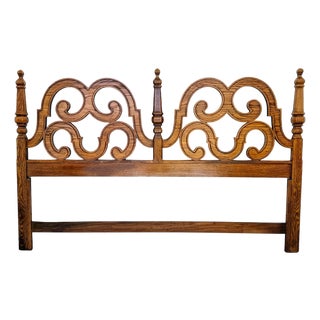1970s Thomasville Segovia Collection Spanish Mediterranean Revival Oak Fretwork King Headboard For Sale