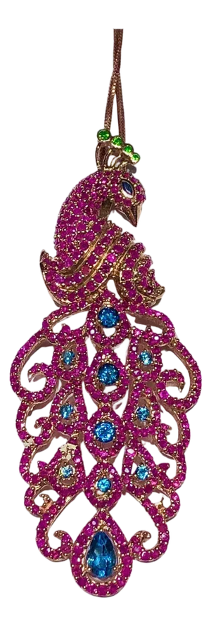 Bochic "Orient" Natural Ruby & Sapphire Peacock Brooch/Pendant 18K Gold&Silver