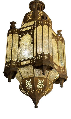 Monumental Arab-Moorish Hanging Lantern in Pierced Metal with Translucent Panels, 1920s
