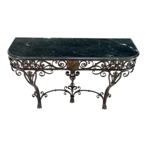 Large Heavy Wall Wrought Iron Base Marble Top Console Hall Entry Table