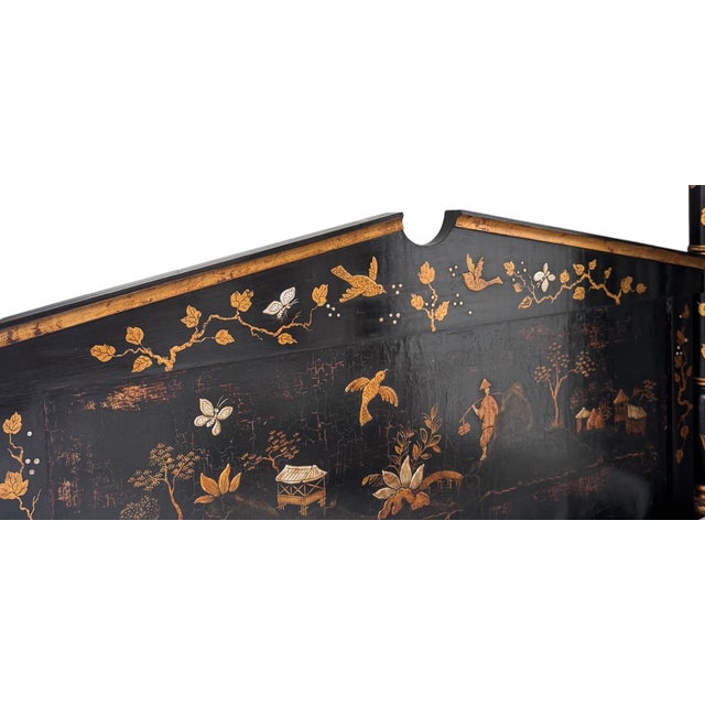 1990s George III Style Black & Gold Chinoiserie Four Poster Canopy Bed W Drapery For Sale - Image 5 of 5