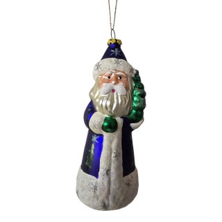 Vintage Polish Hand-Blown Glass Cobalt Blue Father Christmas Ornament For Sale