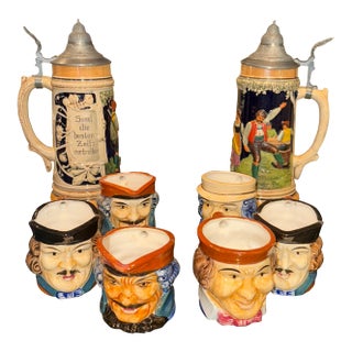 1950s Mid-Century Ceramic Toby Mugs With German Lidded Beer Steins – Set of 8 For Sale