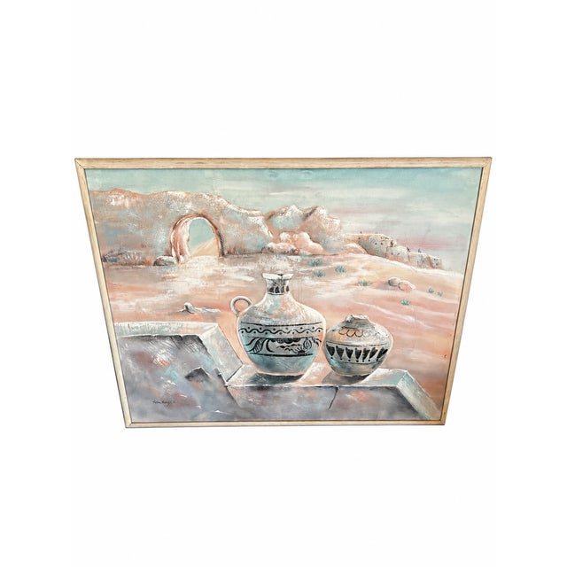 Late 20th Century Large Signed Southwestern Pottery and Desert Landscape Textured Painting on Canvas For Sale - Image 4 of 13