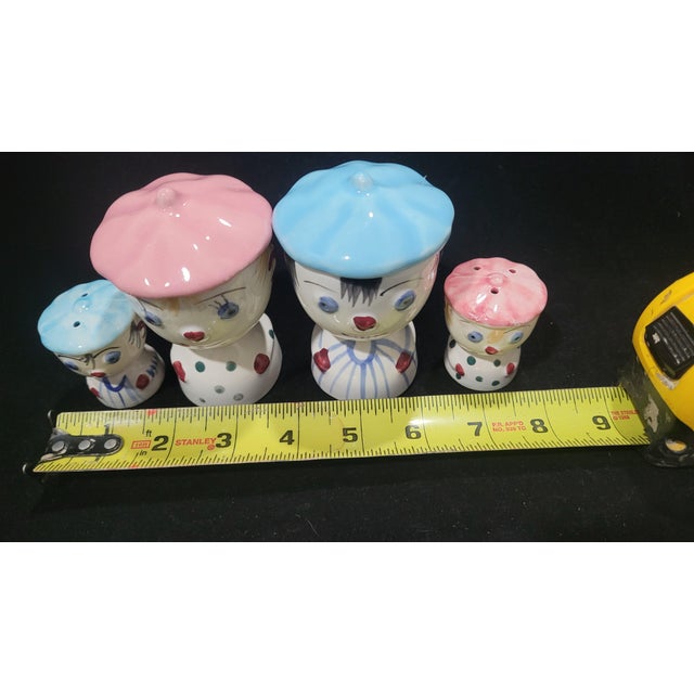 Vintage Boy & Girl Egg Cups Salt Pepper Shakers Japan Kitsch 1950 Fun Set Blue Pink - Set of 4 For Sale - Image 4 of 12