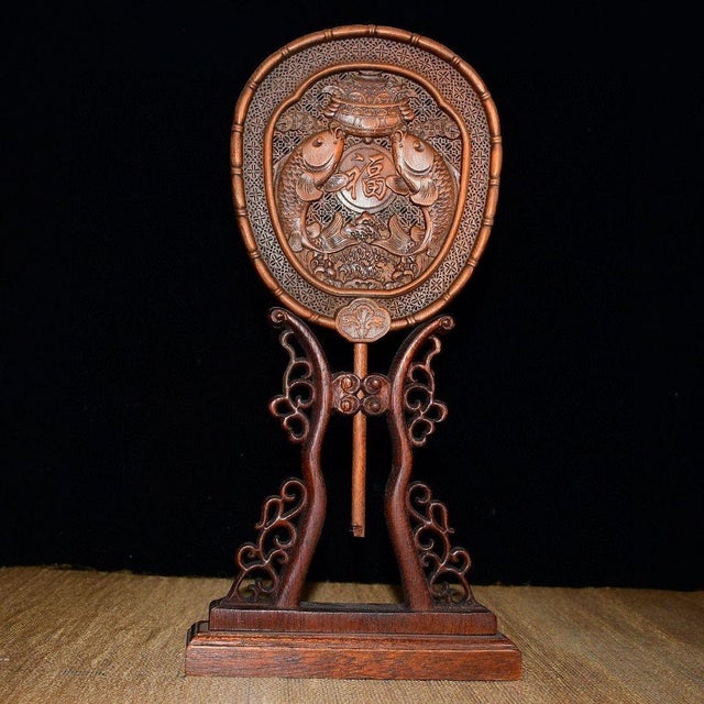 Wood Vintage Boxwood Table Screen With Double Fish and Treasure Motif For Sale - Image 7 of 7