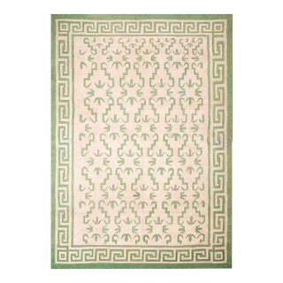 1940s Ivory Green Greek Key Antique Indian Dhurrie Rug 7' 3" X 10' 0" Knotted Wool Carpet For Sale