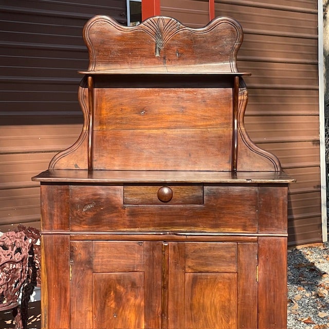 Vintage Rustic Dark Pine Wood Chiffonier Cabinet W/ Scrolled Top - Shelf & Drawer For Sale - Image 18 of 18