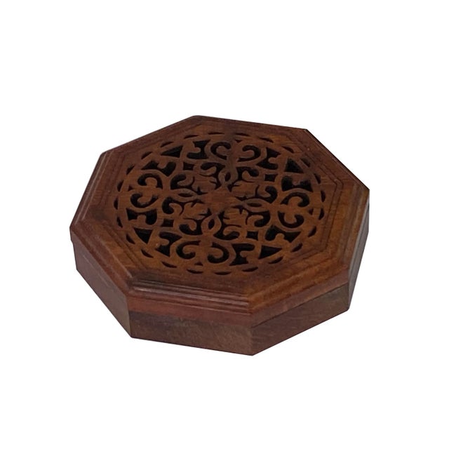 2020s Small Brown Wood Octagonal Carving Storage Accent Box For Sale - Image 5 of 7