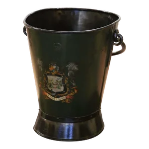 Early 20th Century English Hand-Painted Iron Coal Bucket With Coat of Arms