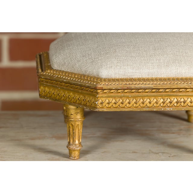 French Neoclassical 19th Century Carved Giltwood Footstool with Linen Upholstery For Sale - Image 10 of 12