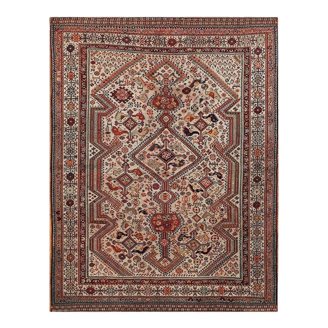 Striking White Ivory Color With Special Medallions Design Antique Persial Tribal Khamse Rug For Sale