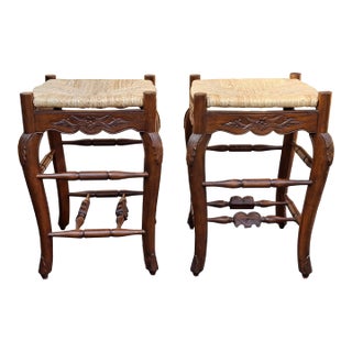 Late 20th Century Pair Louis XV Style Carved Mahogany and Rush Seat Counter Stools, a Pair For Sale
