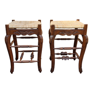 Late 20th Century Pair Louis XV Style Carved Mahogany and Rush Seat Counter Stools, a Pair