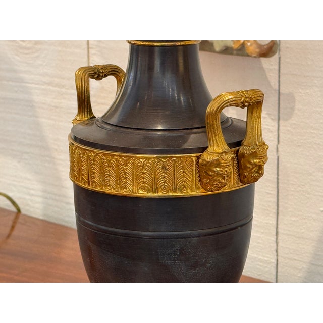 Bronze Pair of Empire Style Patinated Bronze Urn Lamps For Sale - Image 8 of 14