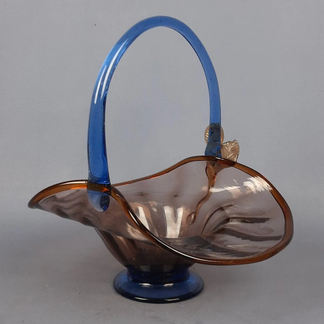 Amber Murano Glass Basket Centerpiece with Blue Handle For Sale - Image 13 of 13