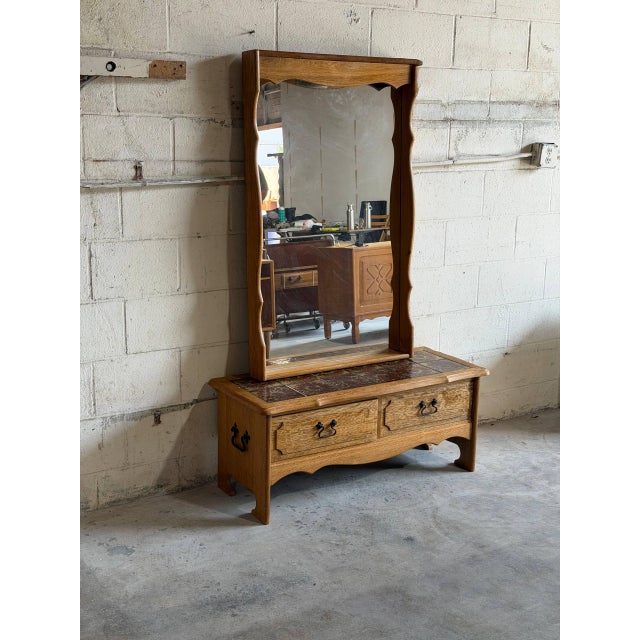 Vintage Danish Oak Entryway Table With Mirror & Tile Top Henning Kjærnulf Style For Sale - Image 10 of 10