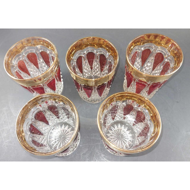 Glass Antique Eapg Imperial Glass Bohemian Style Ruby Stain Wide Gold Trim Pitcher & 5 Tumblers Bar Set For Sale - Image 7 of 11
