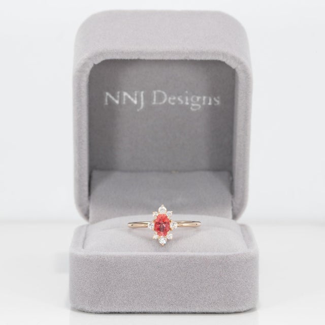 Modern Aaa Padparadscha Sapphire Ring With Earth-Mined Diamond Accents: Solid 14k Gold, Size 6.75 For Sale - Image 3 of 9