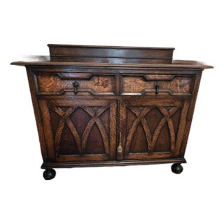 English Gothic Revival Hand-Carved Walnut Sideboard, Original Brass Hardware, 19th Century For Sale