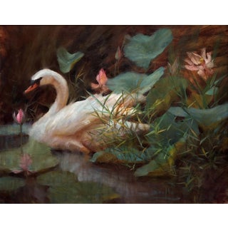 Among the Lilies by Bao Ho | Oil Painting of a swan among lily pads and flowers For Sale