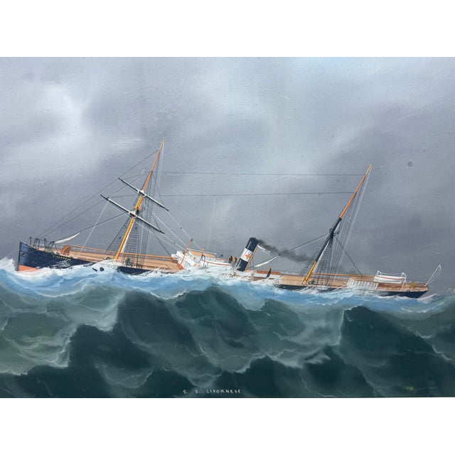 S.S. Livornese in Heavy Seas — Antique Marine Gouache Ship Portrait, Attributed to Luca Papaluca (Italian, 1890–1934)...