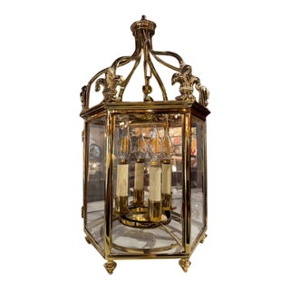 1950s 4 Light Glass & Brass Caged Lantern Pendant Chandelier For Sale