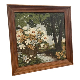 Vintage Kay Dee Floral Linen Print Within Wooden Frame For Sale