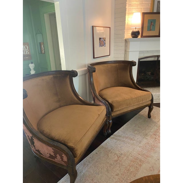 Beautiful, large Attributed to Marge Carson chair set (too big for my house)! Tan velvet and custom silk and velvet back....