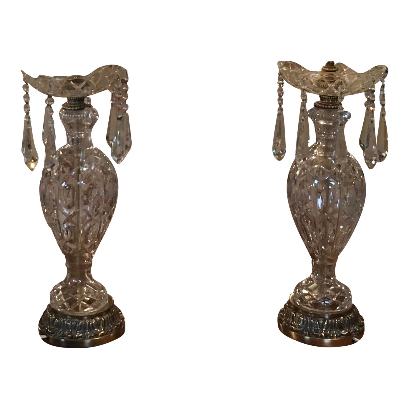 Pair Mid20th Century UrnShaped Crystal Chandelier Lamps With Hanging