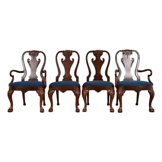Baker Furniture Stately Homes Georgian Carved Burled Walnut Dining Chairs, Newly Refinished For Sale