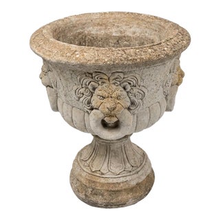 Magnificent Neoclassical Lion-Head Mascaron Urn in Weathered Cast Stone For Sale