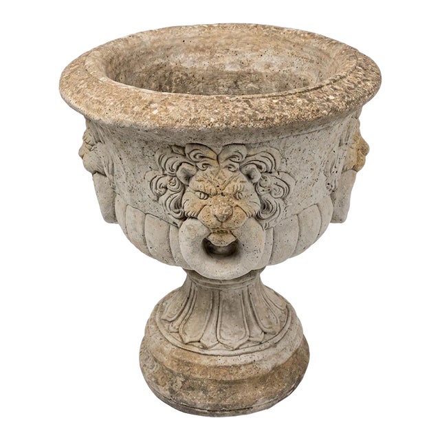 Magnificent Neoclassical Lion-Head Mascaron Urn in Weathered Cast Stone For Sale