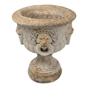 Magnificent Neoclassical Lion-Head Mascaron Urn in Weathered Cast Stone