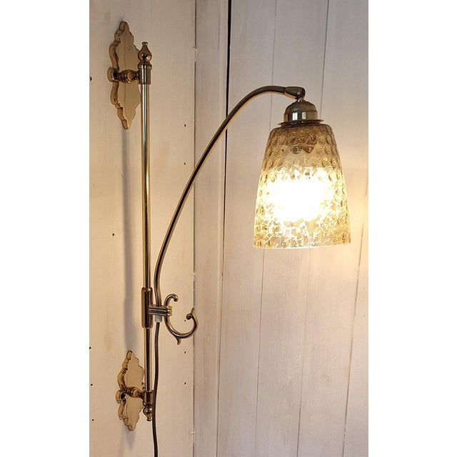 Vintage Wall Lamp with Brass Frame and Relief Glass Shade, 1970s For Sale - Image 3 of 7