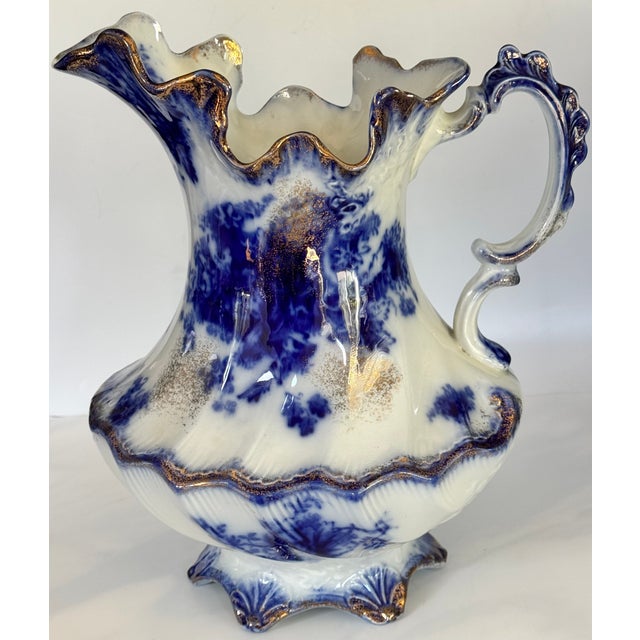 Ceramic Antique Made in England Flow Blue Large Scale Pitcher For Sale - Image 7 of 16