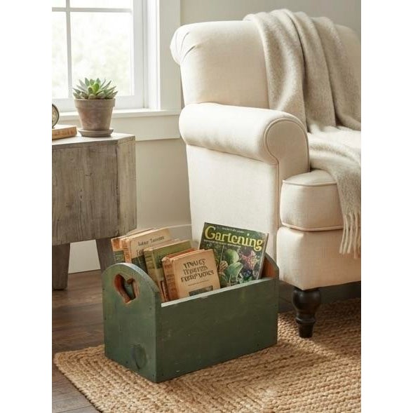 Farmhouse Vintage Country Rustic Sage Green Pine Magazine Crate With Heart Cutouts For Sale - Image 3 of 12