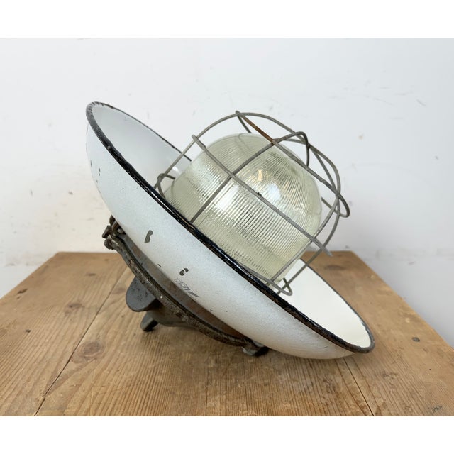 Industrial Grey Enamel Factory Cage Pendant Lamp in Cast Iron from Zaos, 1960s For Sale - Image 14 of 18