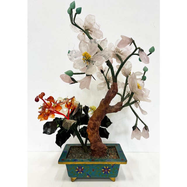 Vintage Chinese Jade Precious Stone Bonsai Tree Sculpture, Cloisonné Planter Vintage Chinese Jade Precious Stone Bonsai...