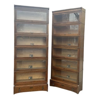 Pair of Antique Arts & Crafts Mission Oak Six Section Barrister Bookcases For Sale