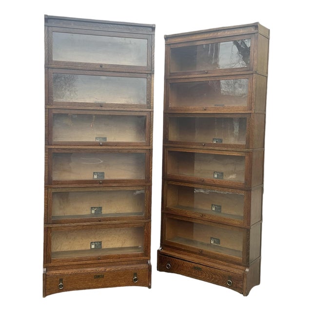 Pair of Antique Arts & Crafts Mission Oak Six Section Barrister Bookcases For Sale