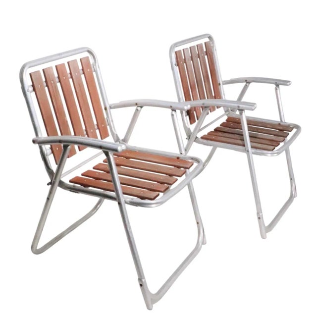 Mid-Century Modern Pr. Vintage Aluminum and Wood Folding Lawn Chairs C 1960/70's For Sale - Image 3 of 11