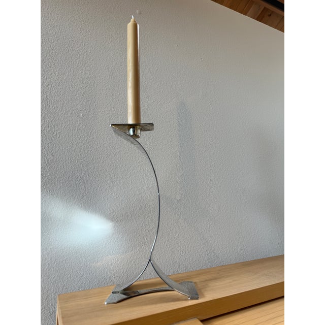 Chrome Mid-Century Sculptural Chrome Candlestick With Curved Stem and Architectural Base For Sale - Image 8 of 8