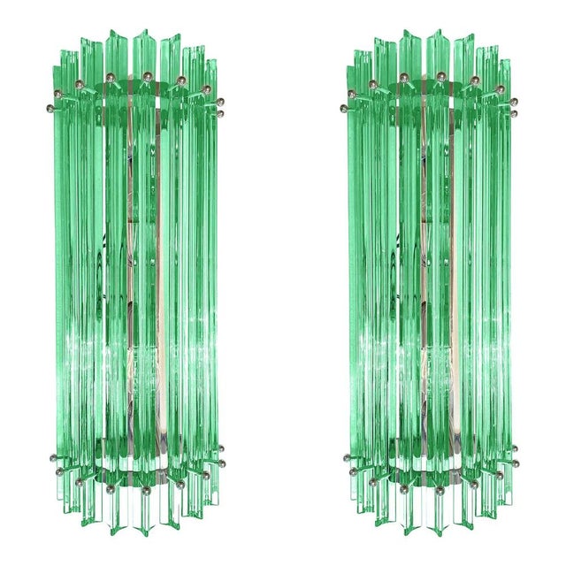 Contemporary triedro murano glass wall sconces. Set of two.in green- wather color. very scenographic, elegant , very...