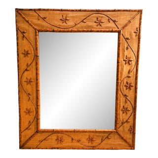 1960s Italian Coastal Carved Ornate Bamboo & Rice Mat Riviera Wall Mirror For Sale
