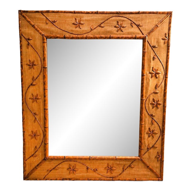 1960s Italian Coastal Carved Ornate Bamboo & Rice Mat Riviera Wall Mirror For Sale